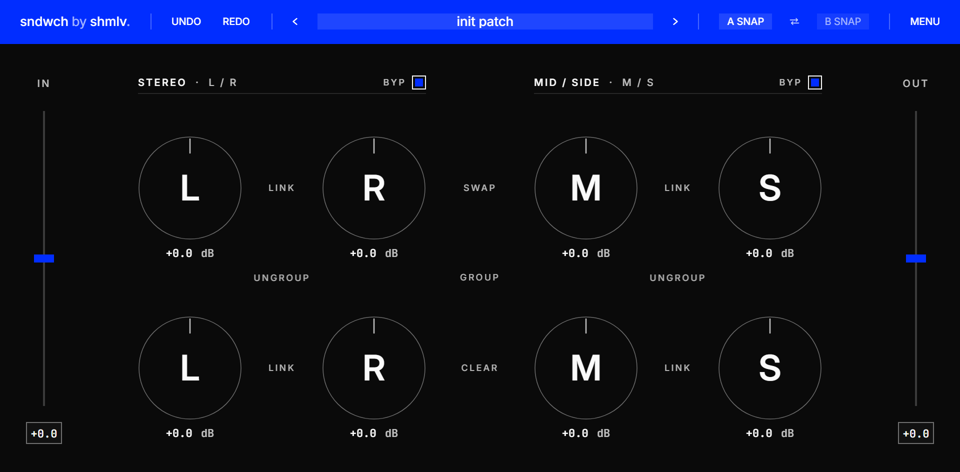 sndwch plugin interface: the electric-blue header, IN and OUT trims, Stereo L/R controls, Mid/Side controls, A/B snapshots, and link/group actions.