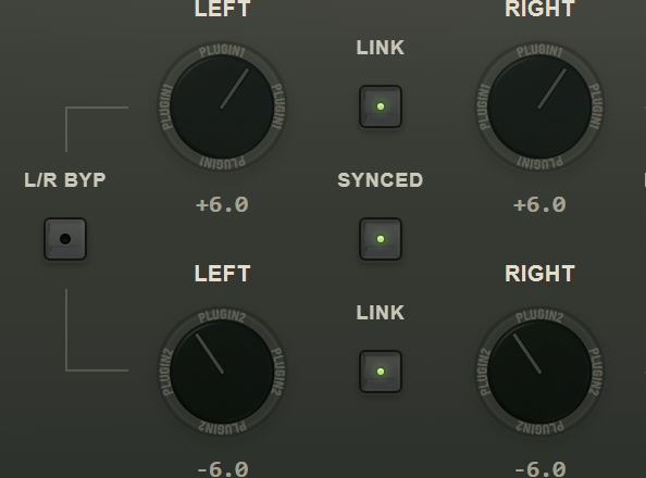 Two rows of left and right knobs, the upper marked plugin one and the lower plugin two, with link buttons between them.