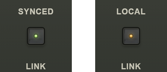 The same button twice: once reading Synced with a green light, once reading Local with an amber one.